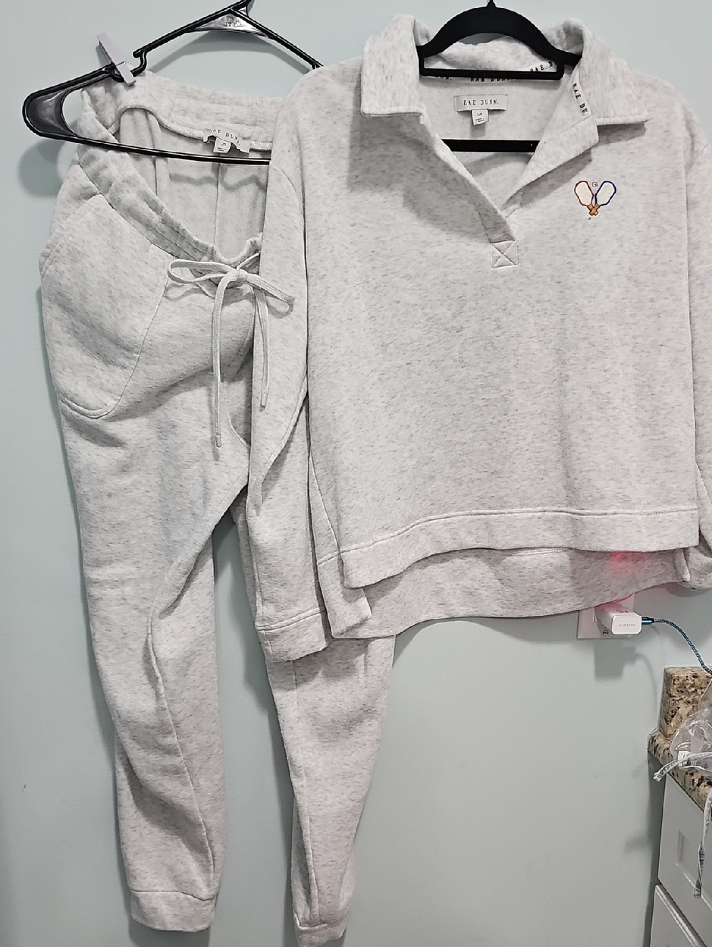 Rae Dunn Heather Light Gray Sweatshirt and Jogger Set w/ Paddle Logo Size Large